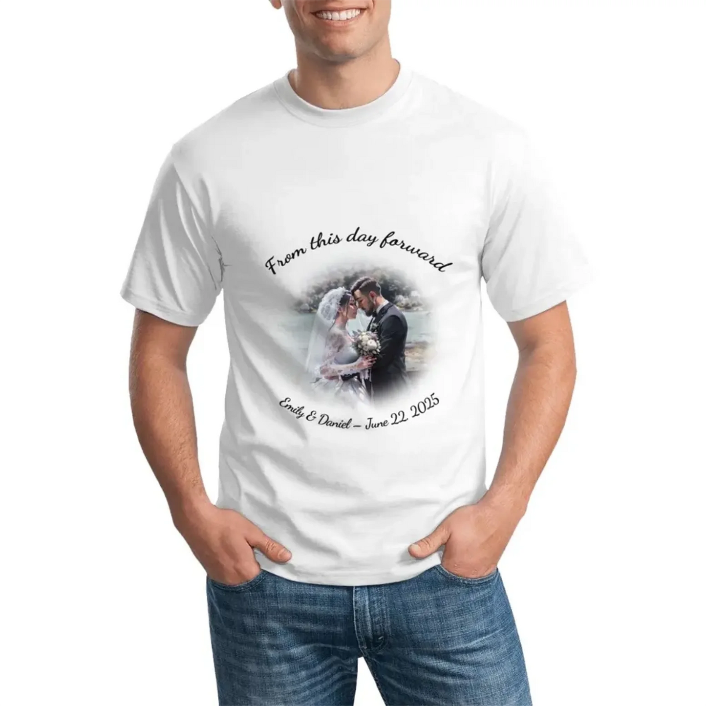 Wedding-themed custom T-shirt with unique comic-style illustration and curved text personalization