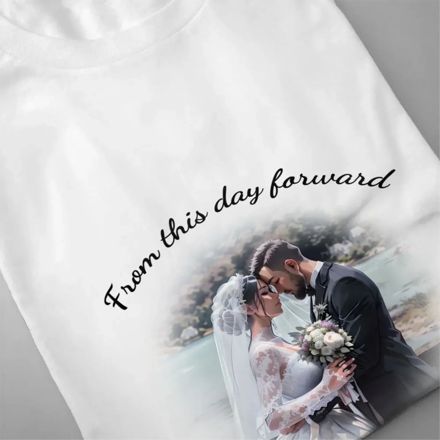 Personalized wedding-themed T-shirt with custom photo transformed into comic art and curved message