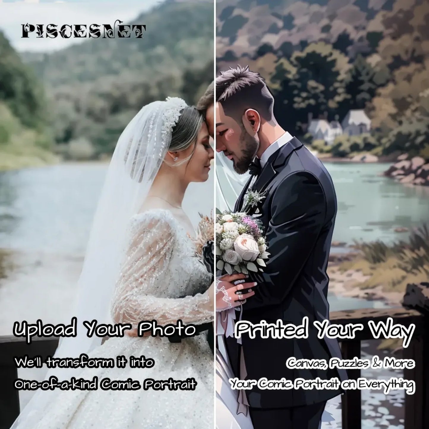 Side-by-side comparison of user photo and customized comic-style art for wedding-themed T-shirt personalization