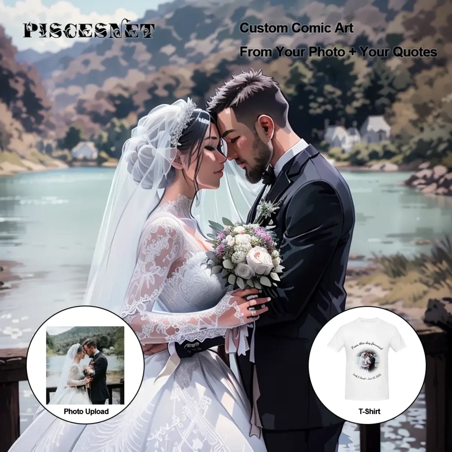 Comic-style custom T-shirt preview showing original photo and personalized artwork transformation for wedding season