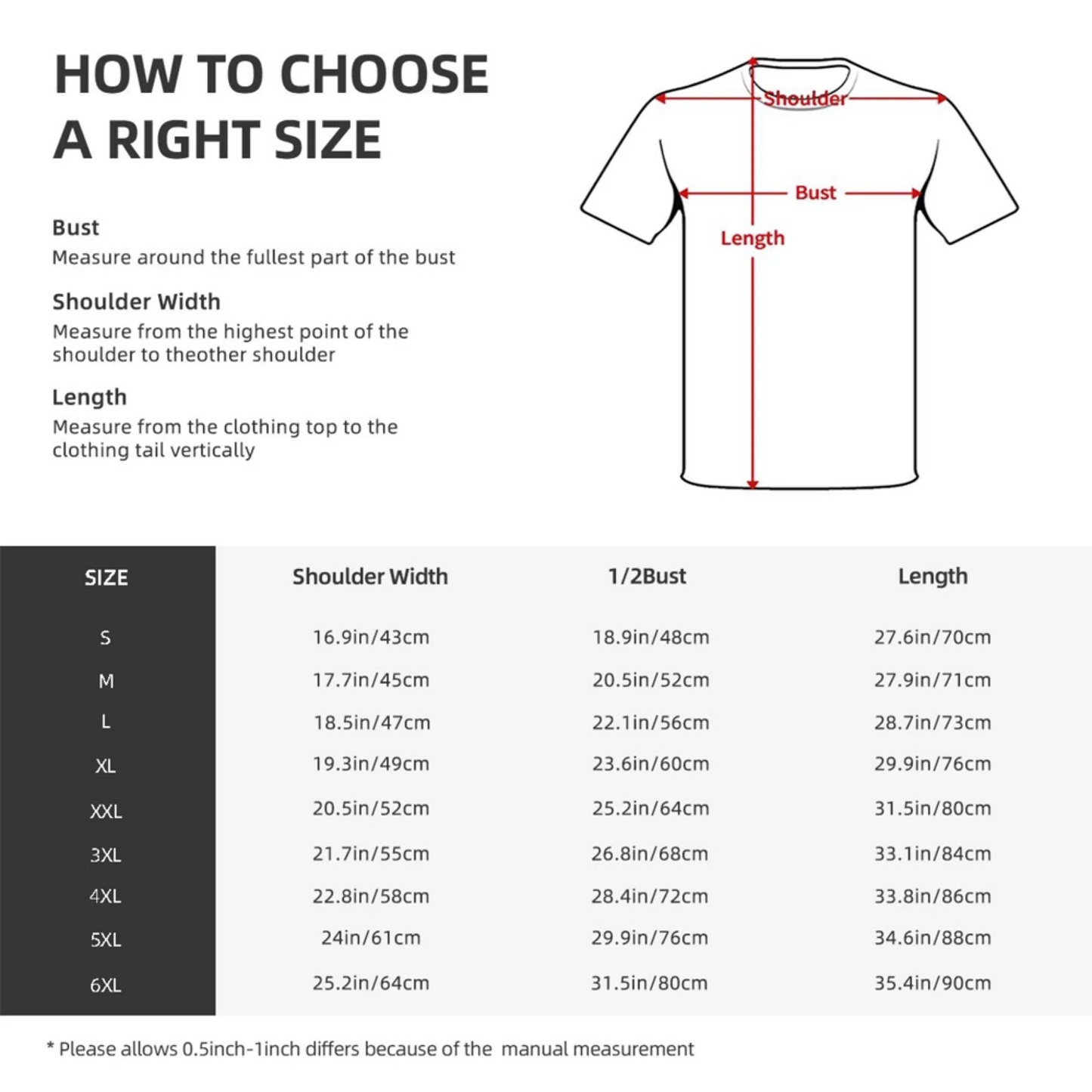 Custom t-shirt size conversion chart showing dimensions from S to 6XL