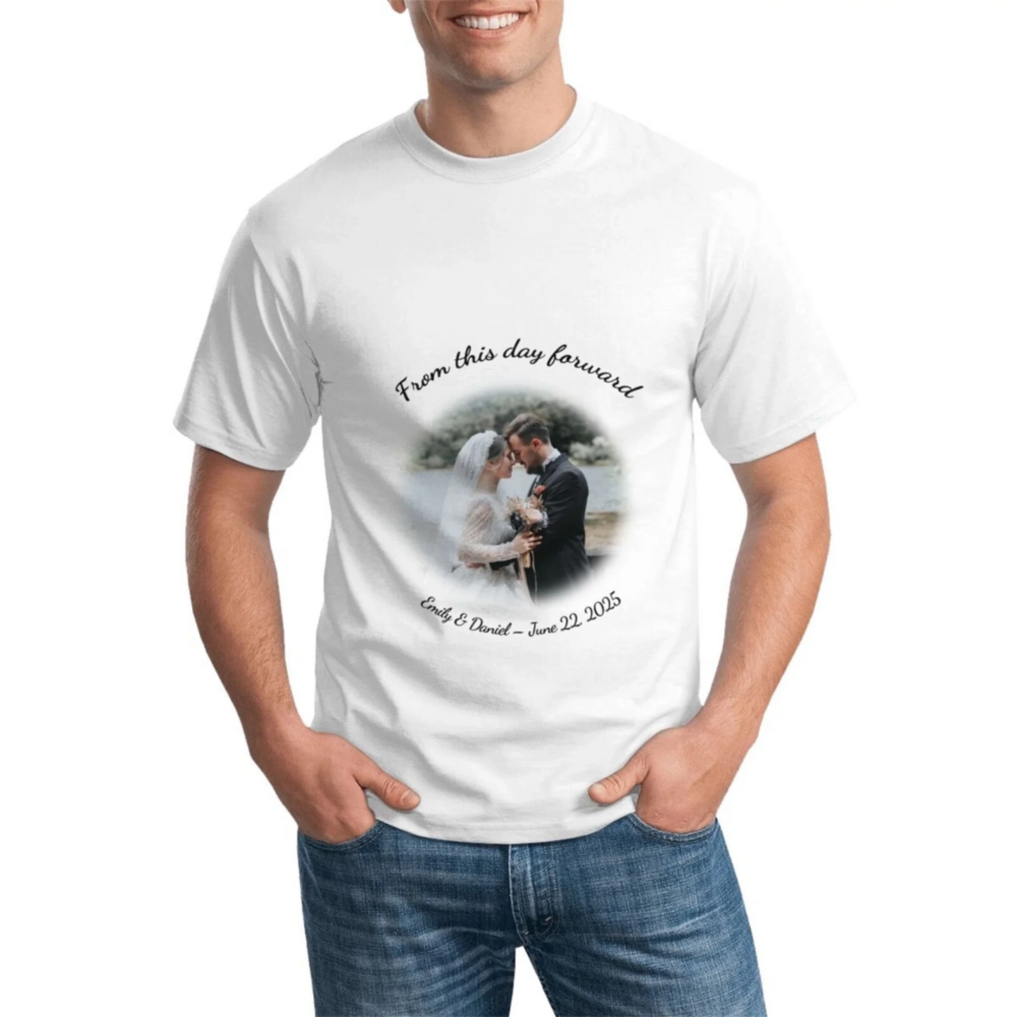 Personalized men's t-shirt featuring user photo and custom curved text
