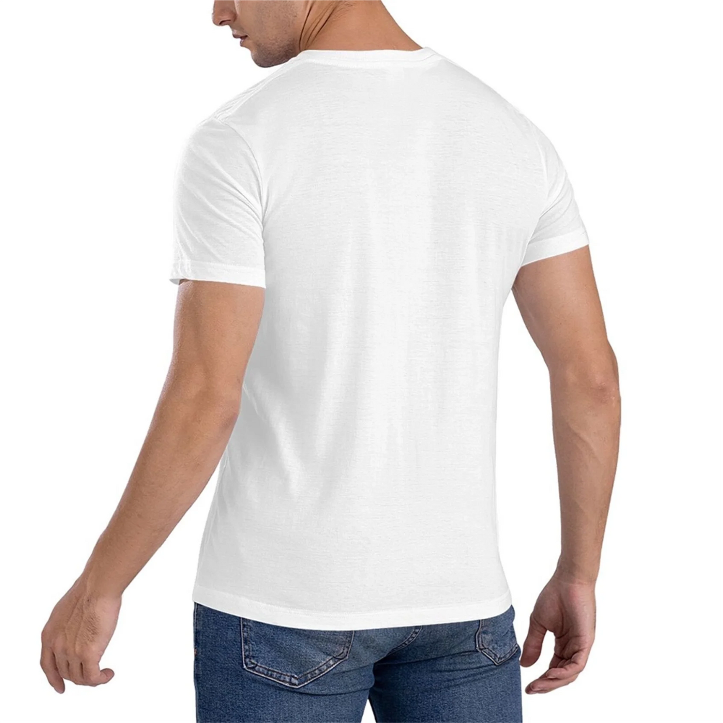 Back view of men's custom wedding t-shirt with personalized photo design