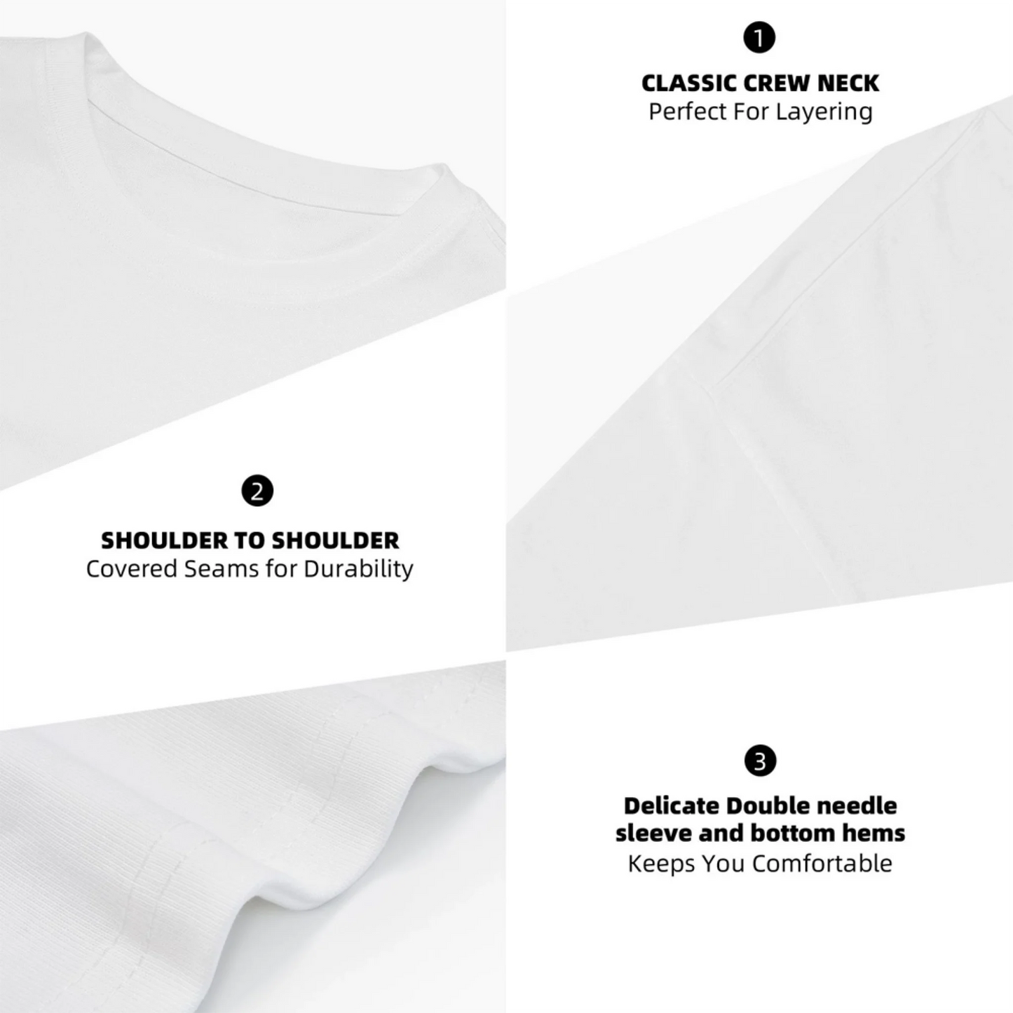 Close-up of custom t-shirt crew neck, shoulder design, and double-stitched hem