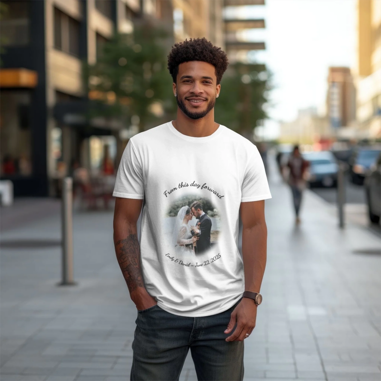 Custom t-shirt with uploaded wedding photo and curved text design