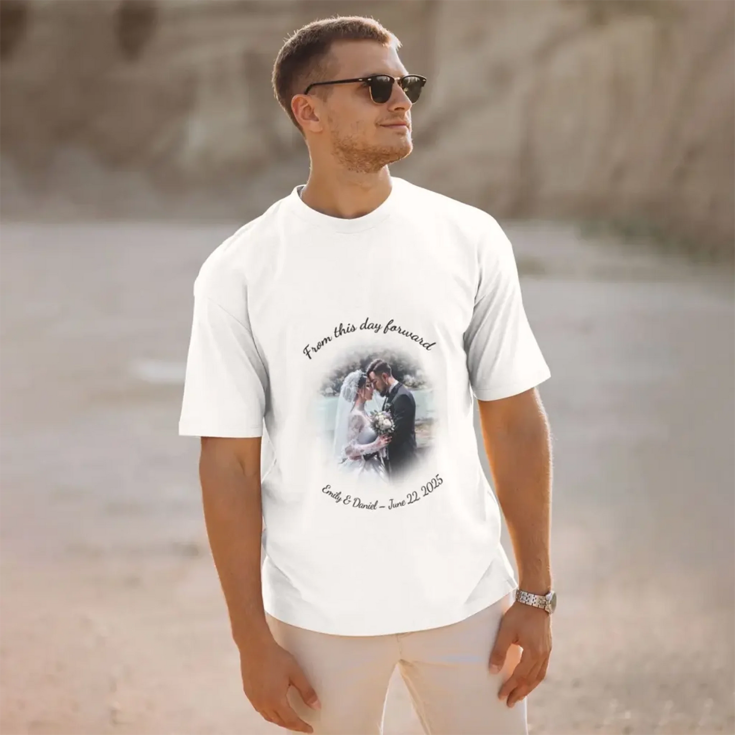 Personalized T-shirt for couples featuring custom artwork and circular text, ideal for wedding gifts or bridal parties