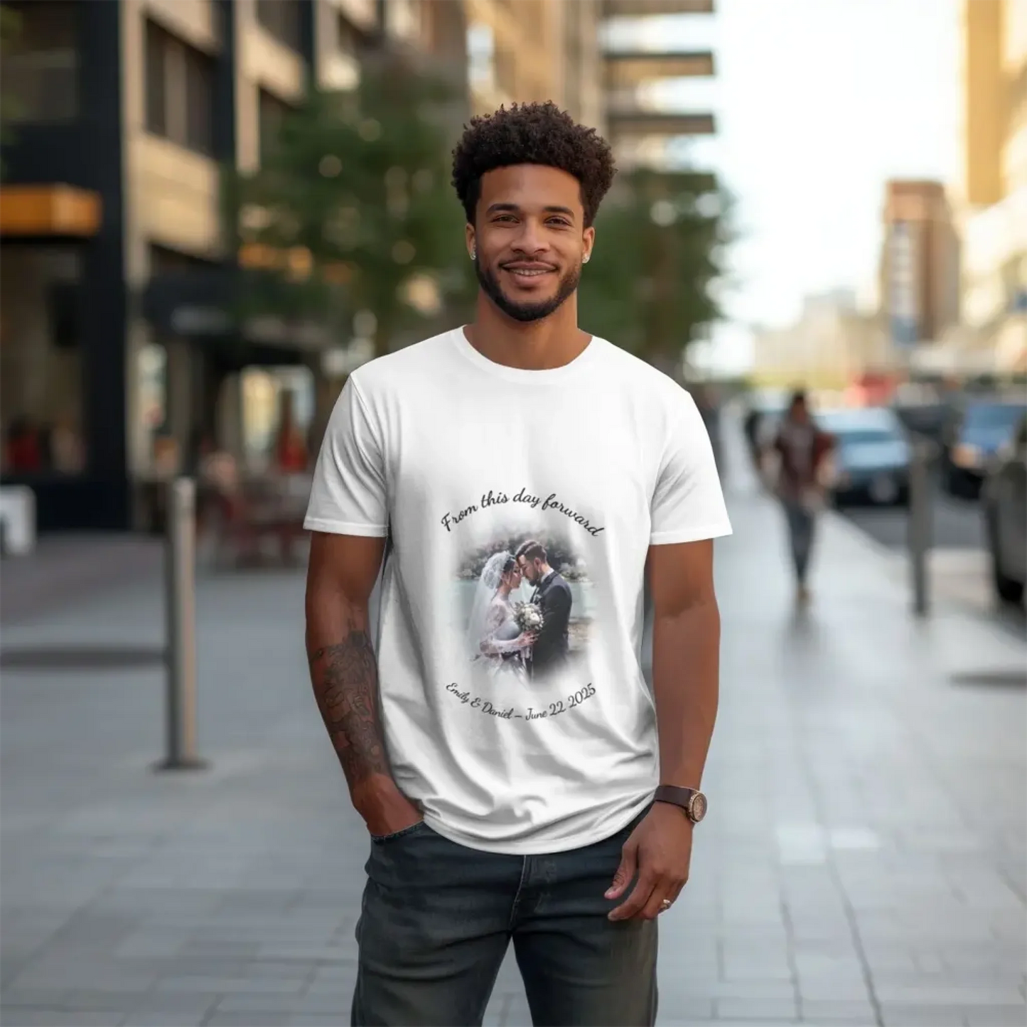 Customizable wedding-themed T-shirt with unique photo-to-art design and text personalization for couples