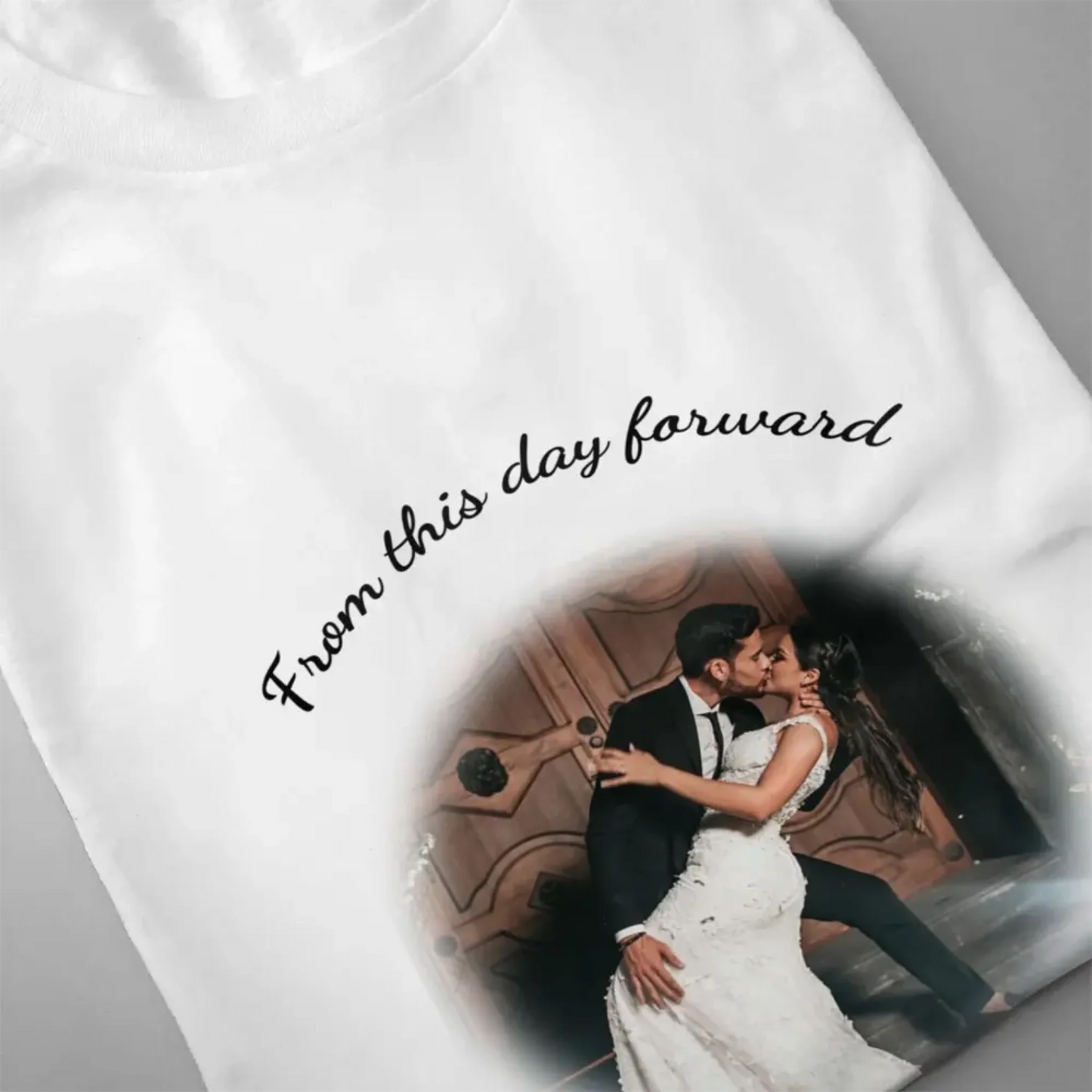 Detailed view of custom print on women's wedding T-shirt – high-quality circular photo and curved text design, perfect for bridal gift or wedding day outfit.