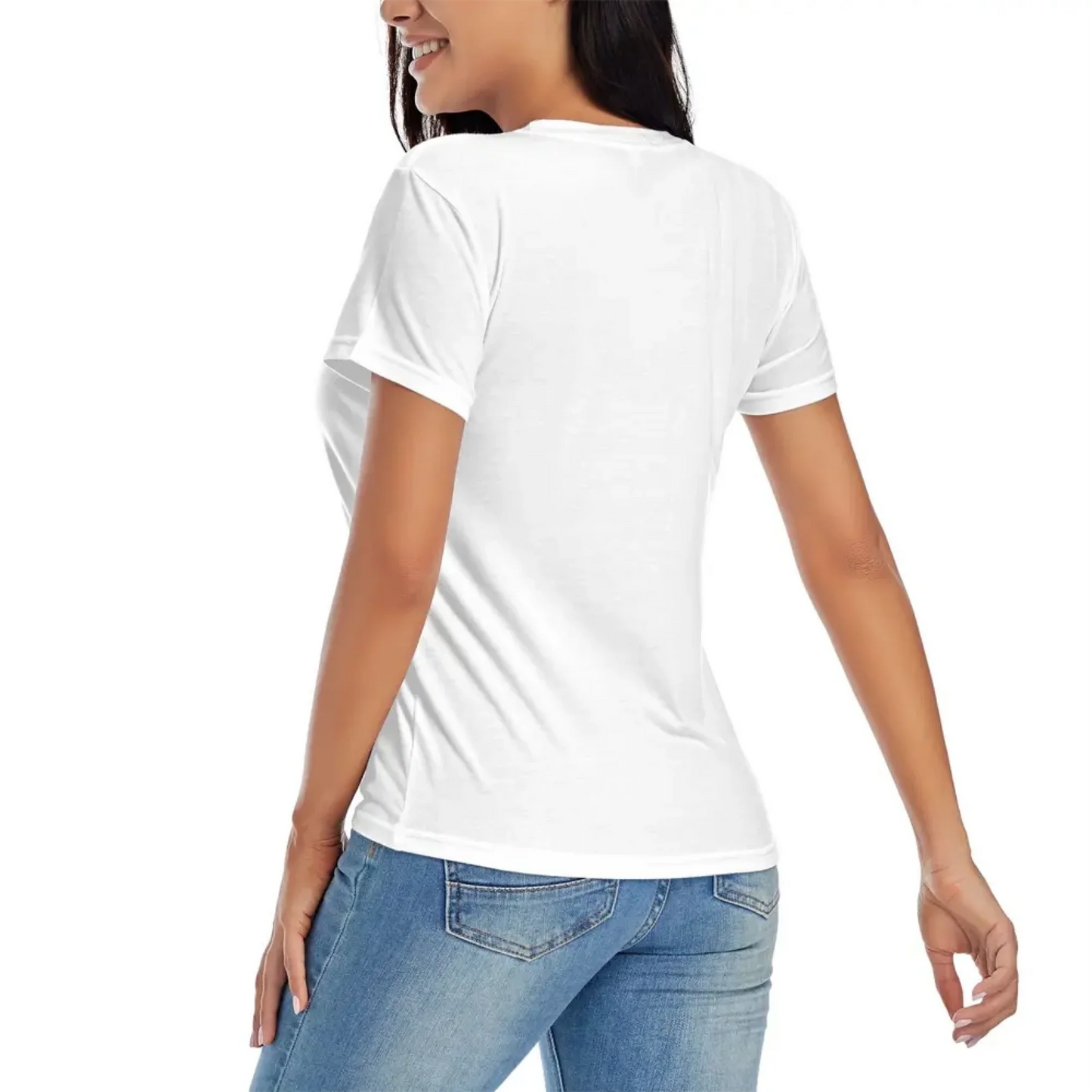 Back view of a woman wearing a women’s custom wedding T-shirt, showcasing the comfortable fit and soft fabric—perfect for bridal party outfits, bachelorette events, or wedding guest gifts.