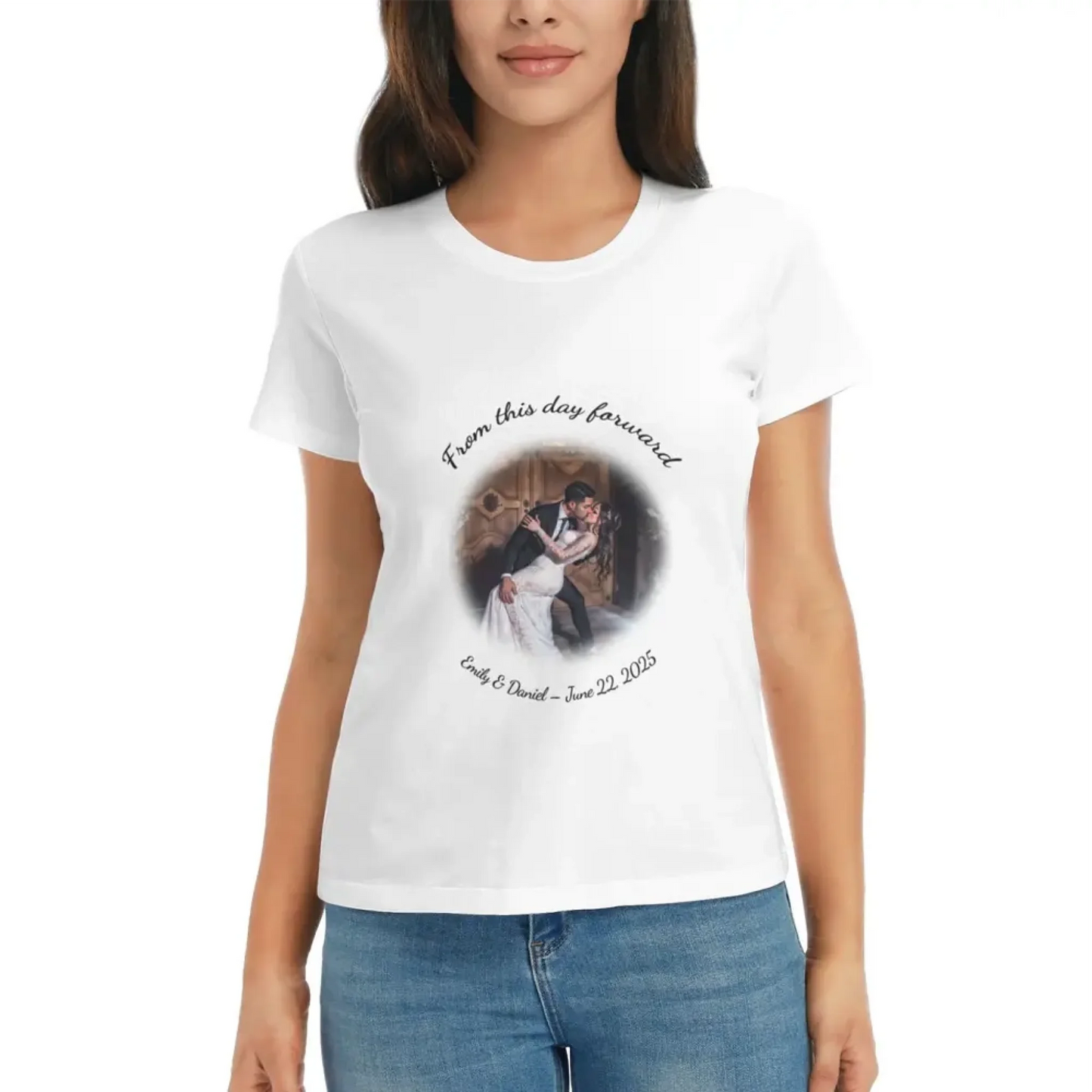 A woman wearing a custom wedding T-shirt featuring a personalized cartoon couple illustration and circular text—perfect for bachelorette parties, bridal squads, or as a thoughtful anniversary gift.