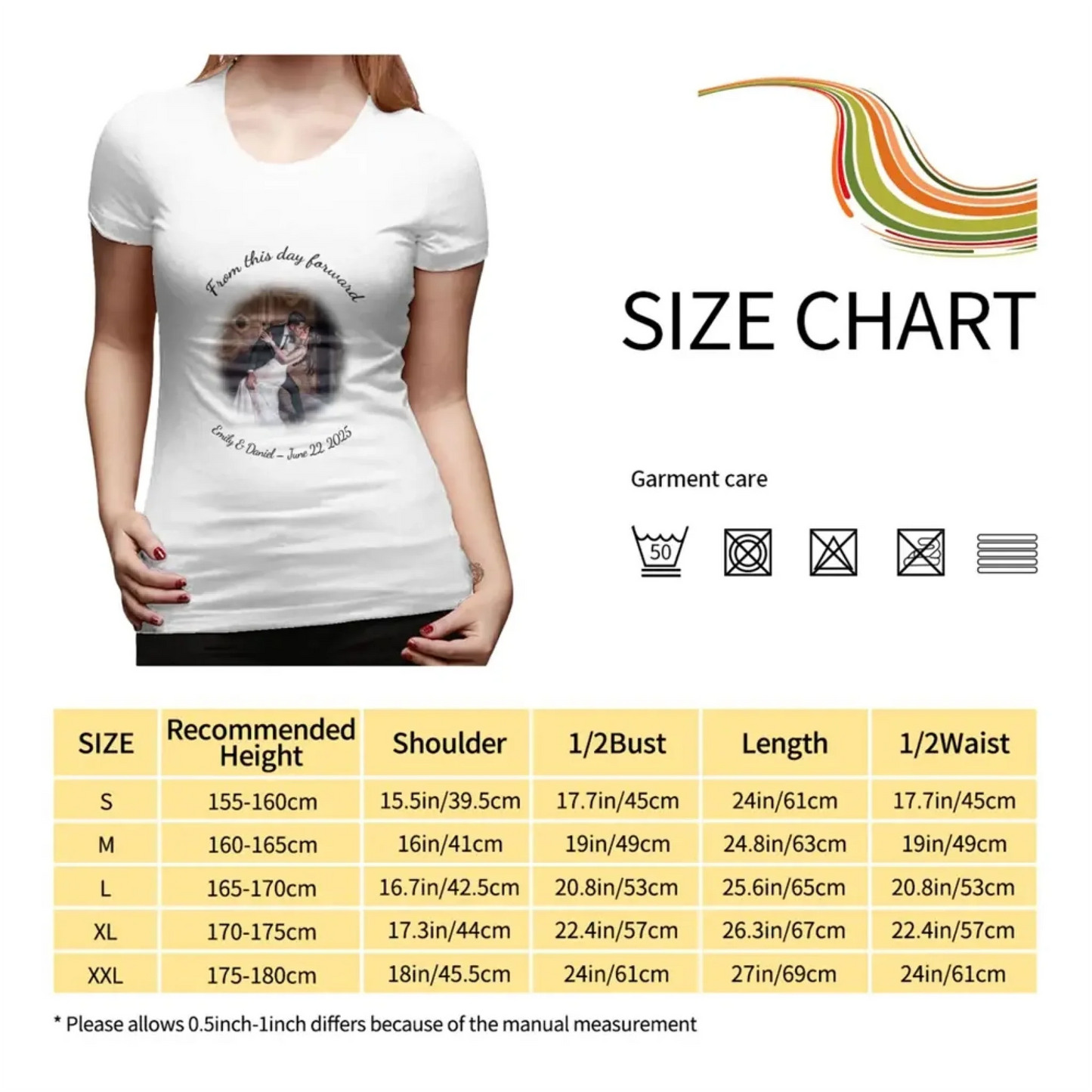 Size chart for women's custom wedding T-shirts, showing measurements from S to XXL to help customers choose the perfect fit.