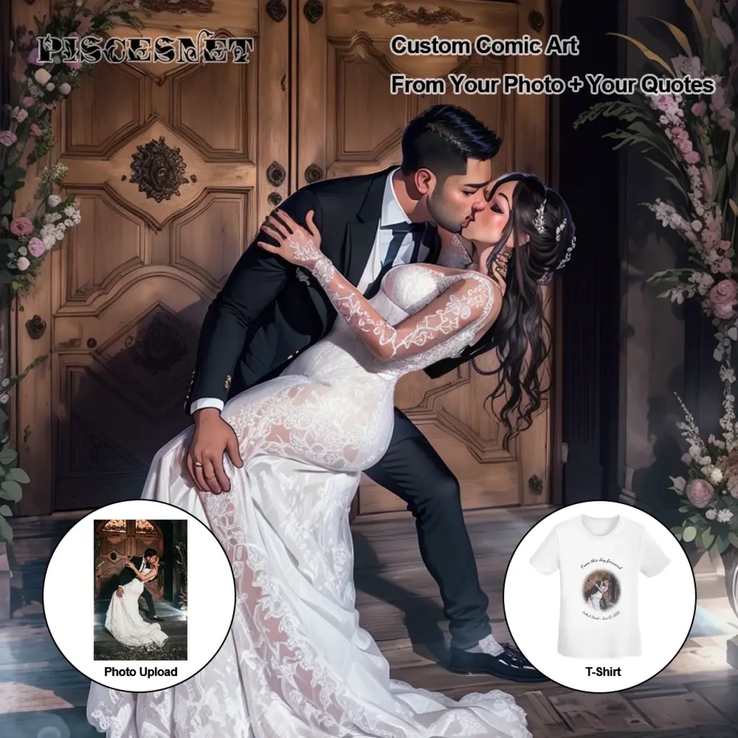 Custom wedding T-shirt design showing the transformation from a user-uploaded photo to a cartoon-style couple illustration, with the final printed T-shirt displayed—perfect personalized gift for weddings or anniversaries.