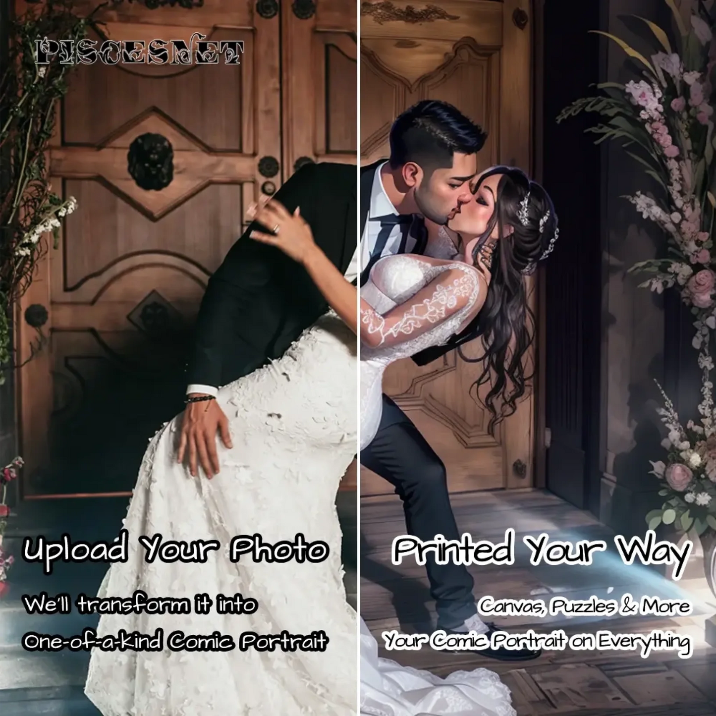 A user photo transformed into a charming cartoon-style wedding illustration, showing the dramatic before-and-after effect—ideal for designing personalized T-shirts as unique wedding gifts or bridal party outfits.