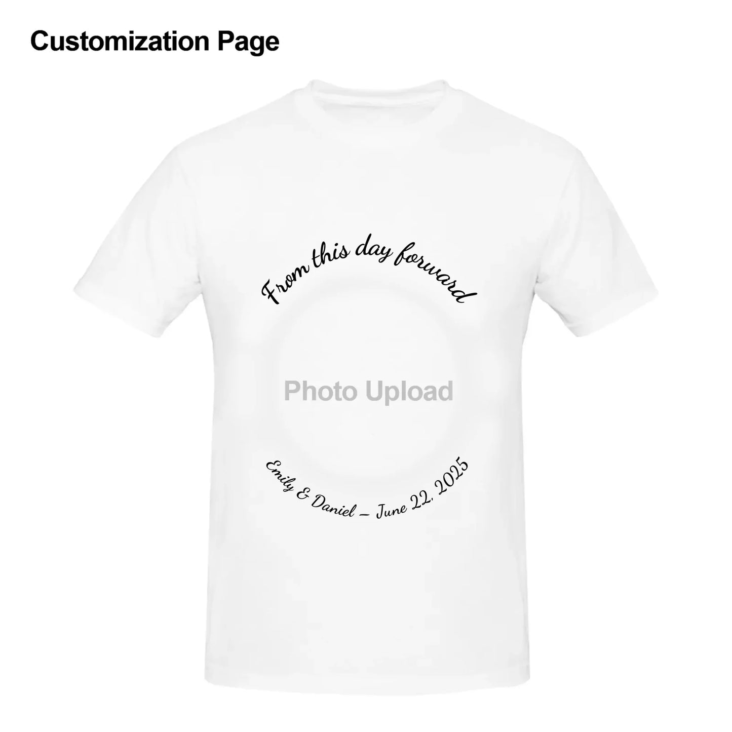 Personalized wedding-themed T-shirt preview with editable image and curved text customization options