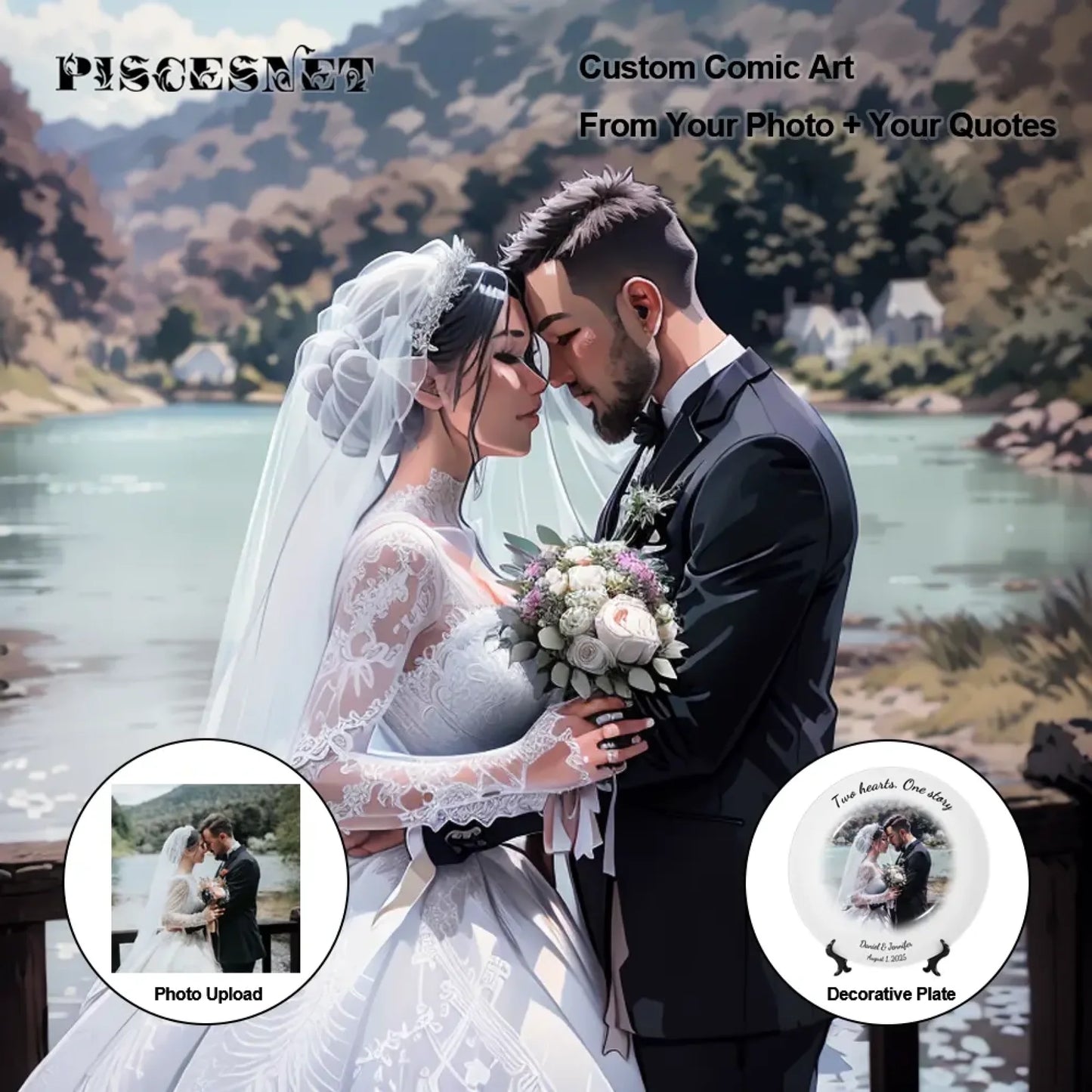 Custom wedding gift plate showing comic illustration style conversion from real photo