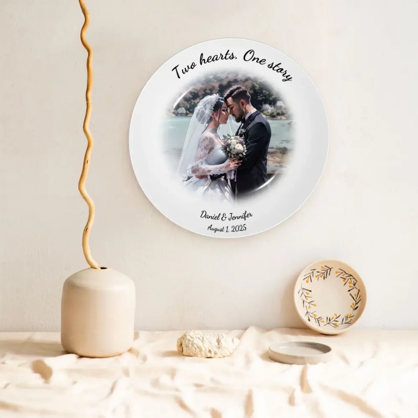 Personalized comic style ceramic plate with user image, hung as wedding room wall decor