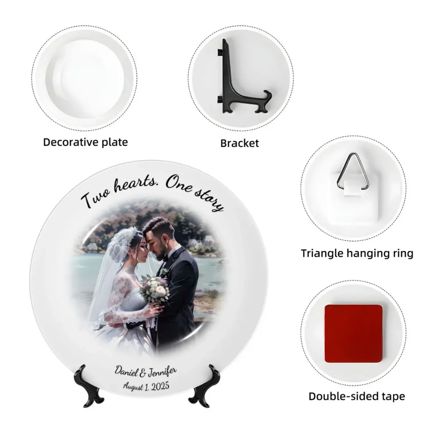 Display accessories for comic style personalized wedding plate made from user photo: bracket, hanging ring, double-sided tape
