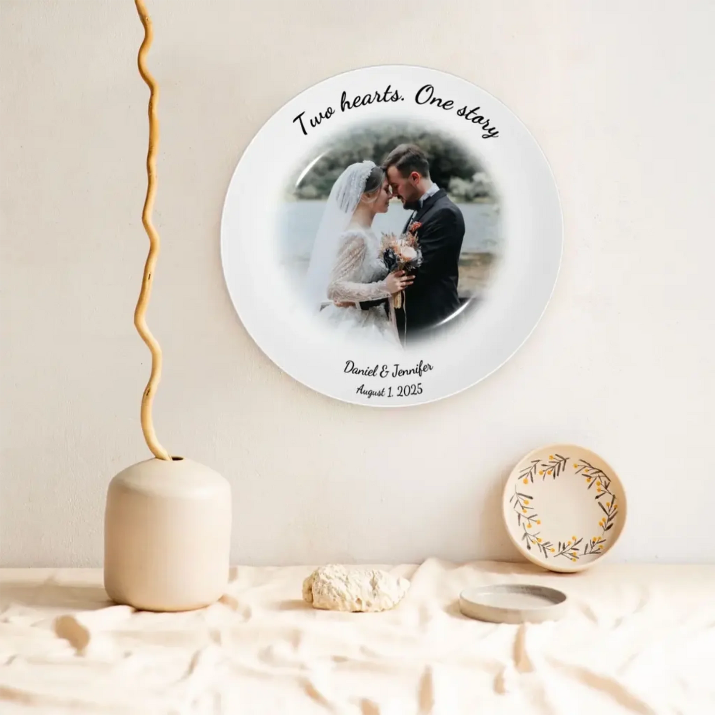 Custom ceramic decorative plate displayed as wall decor – romantic wedding keepsake