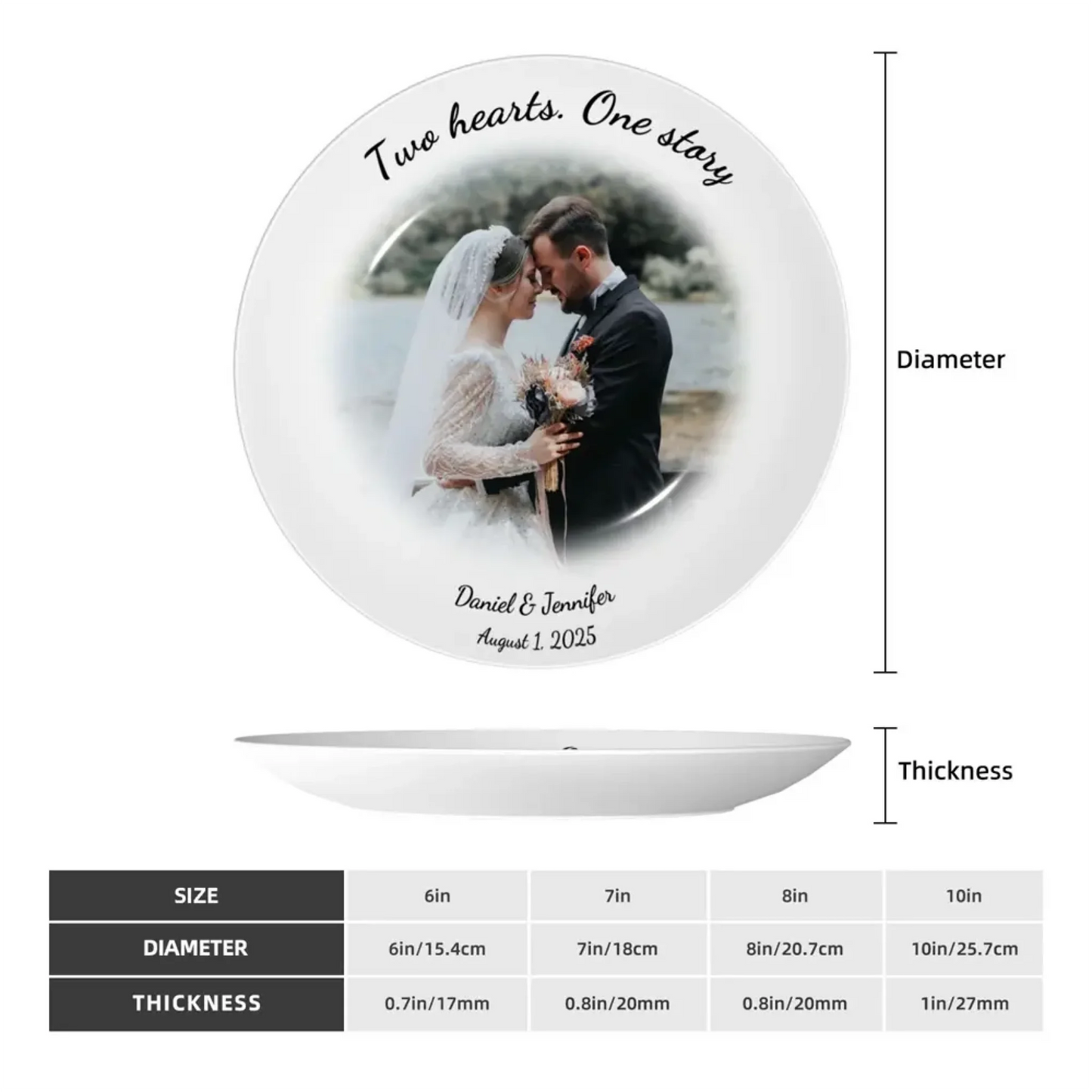 Dimensions of wedding photo plates – diameter and thickness for 6-10 inch sizes