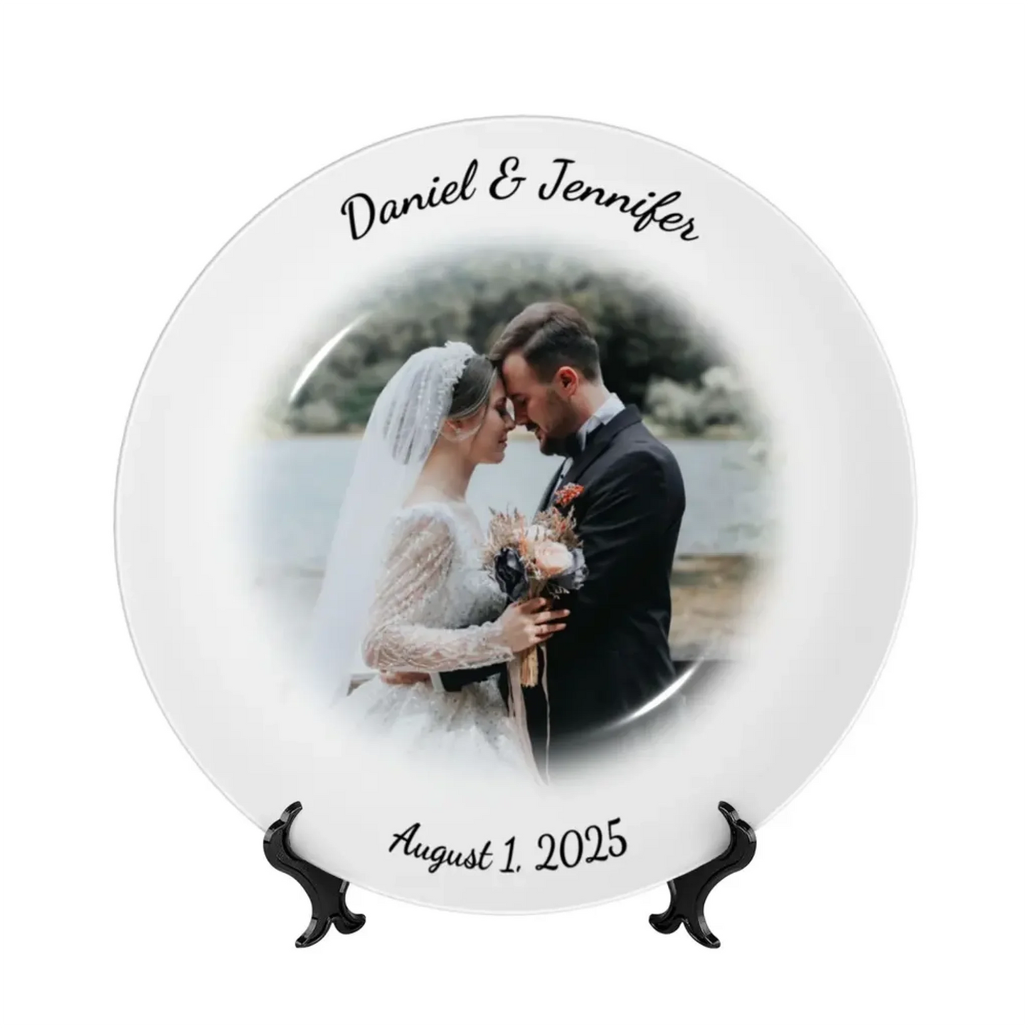 Personalized wedding plate with photo, name, and date – custom bone china keepsake gift for couples or guests