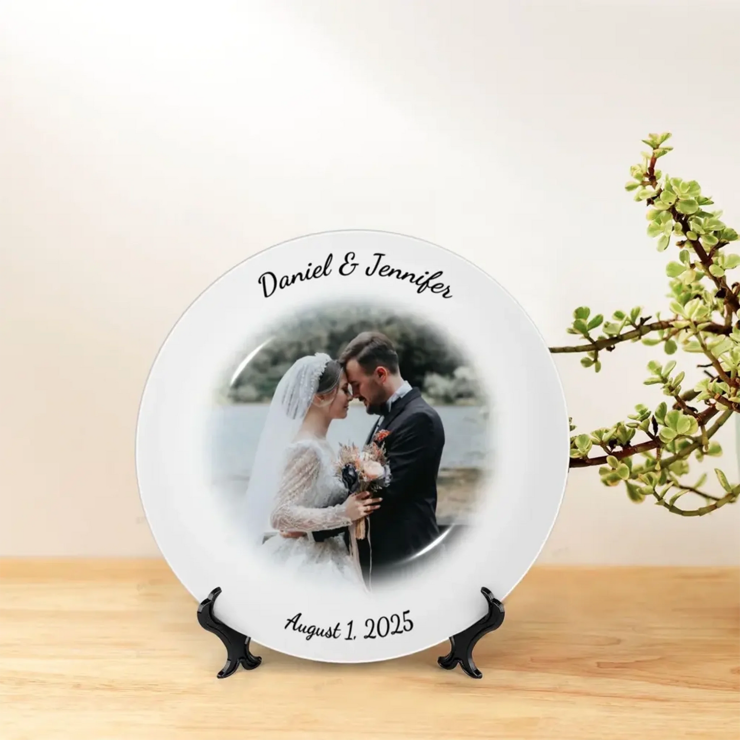 Custom decorative plate with photo and names – romantic wedding table décor and keepsake for anniversary or newlyweds