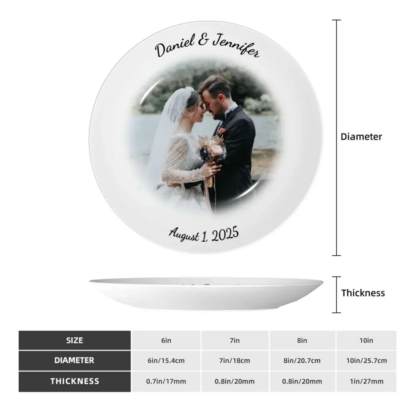 Size chart for custom ceramic wedding plates – diameter and thickness options from 6 to 10 inches