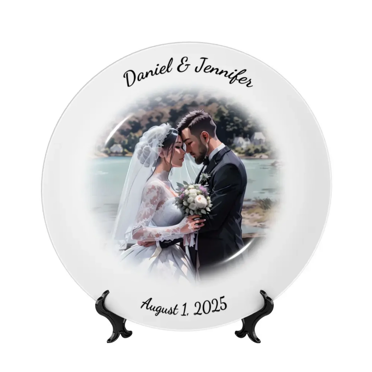 Personalized wedding plate with comic-style photo, custom names and date – unique keepsake gift for couples or guests