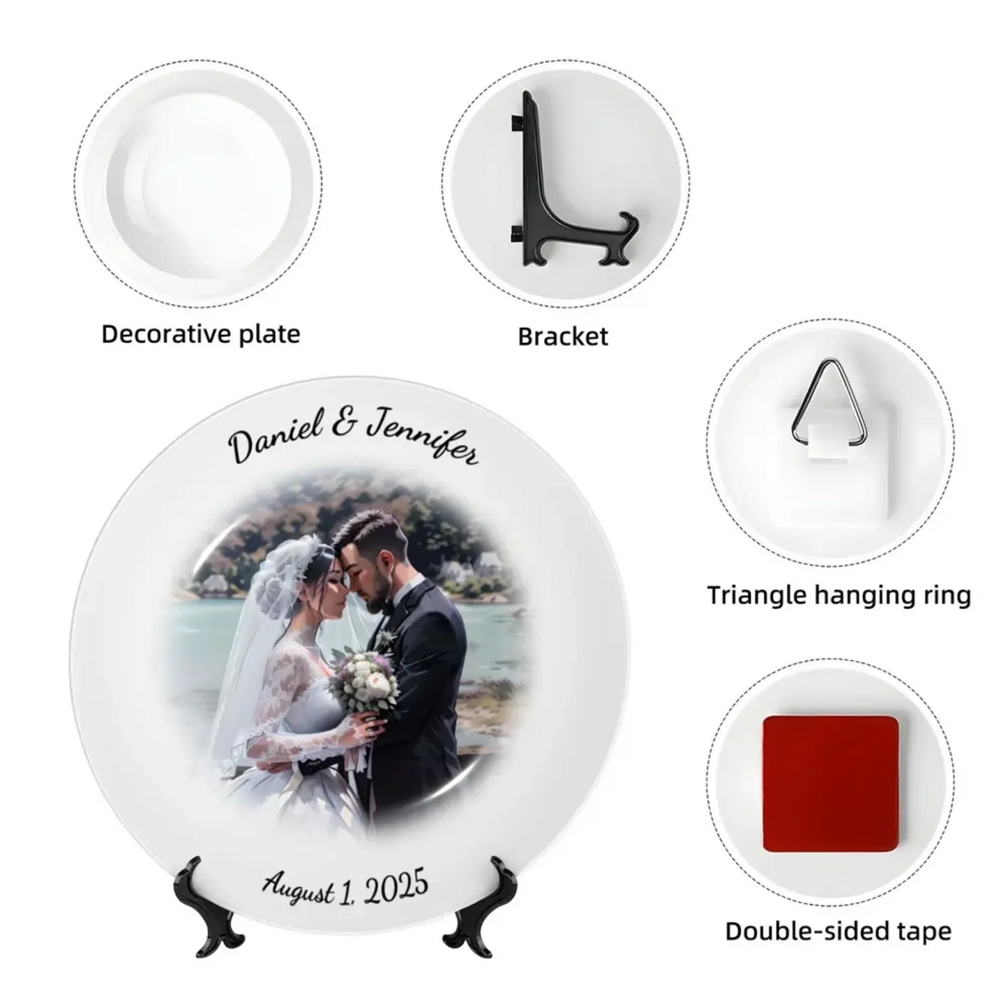 Mounting accessories for personalized wedding plates – bracket, triangle hanging ring, and double-sided tape included