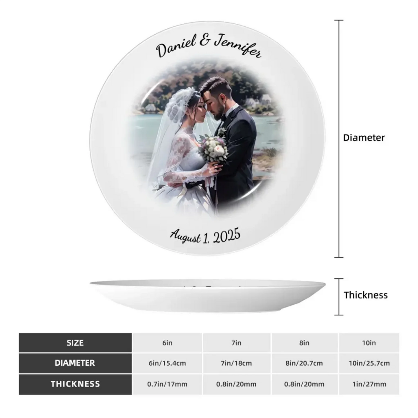 Size chart for custom ceramic wedding plates – diameter and thickness options from 6 to 10 inches