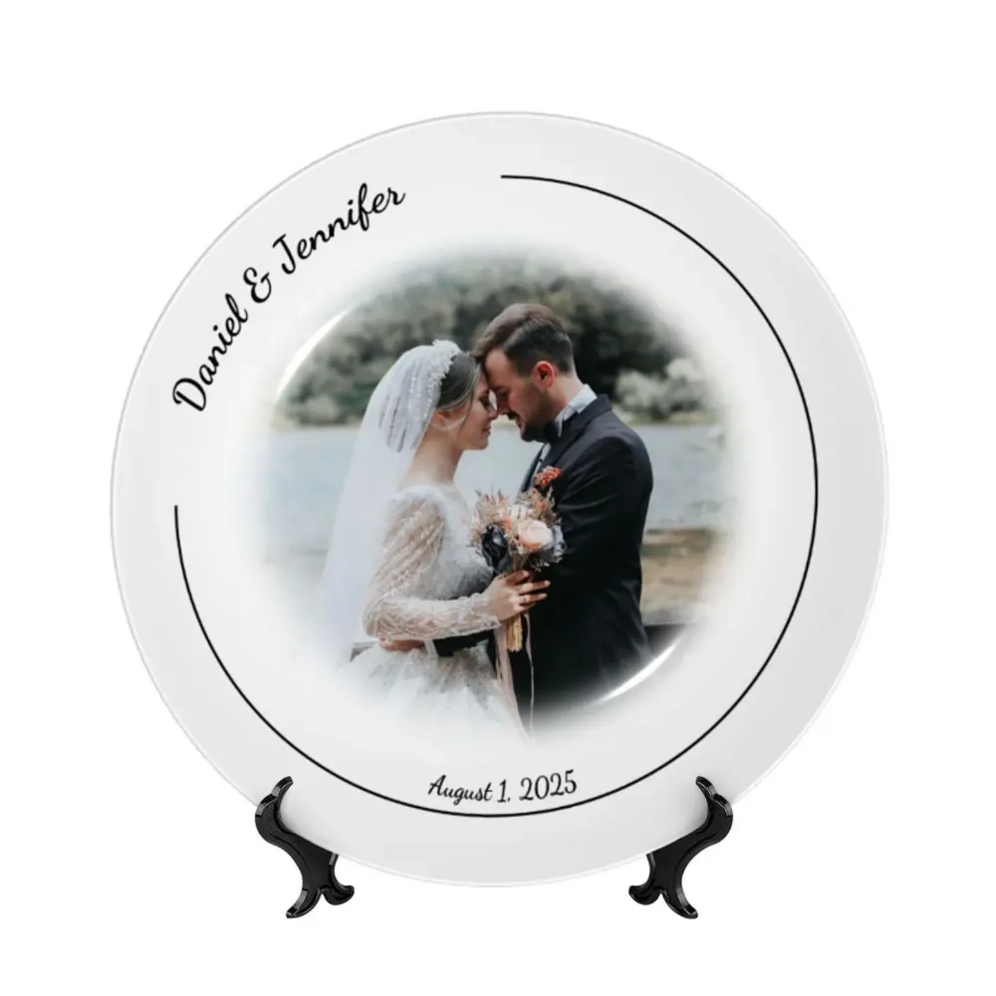 Custom bone china wedding decorative plate with personalized photo, names, and date. Elegant white ceramic plate for wedding keepsake, anniversary gift, or bridal shower decoration.