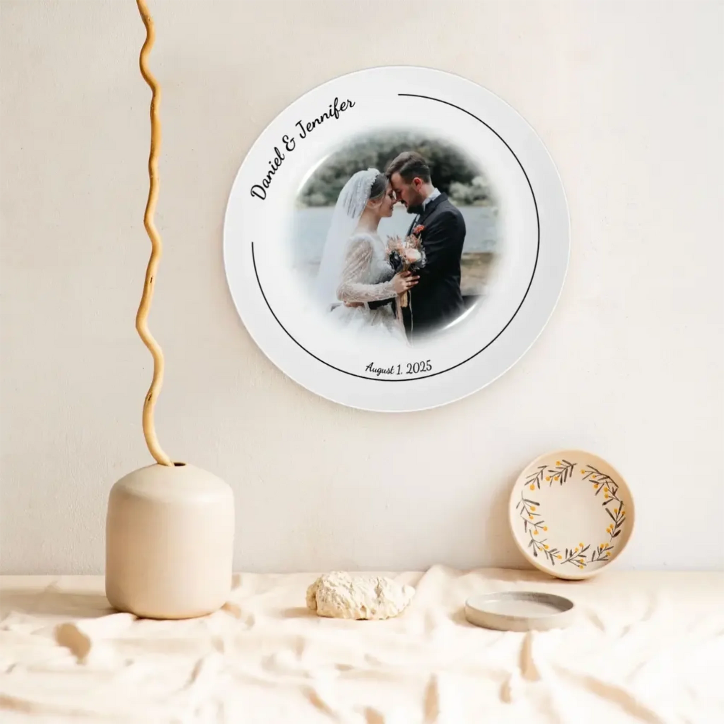 Bone china wedding decorative plate hanging on wall, customizable with photo, names, and date. Perfect personalized wall decoration for weddings, bridal showers, or anniversary gifts.