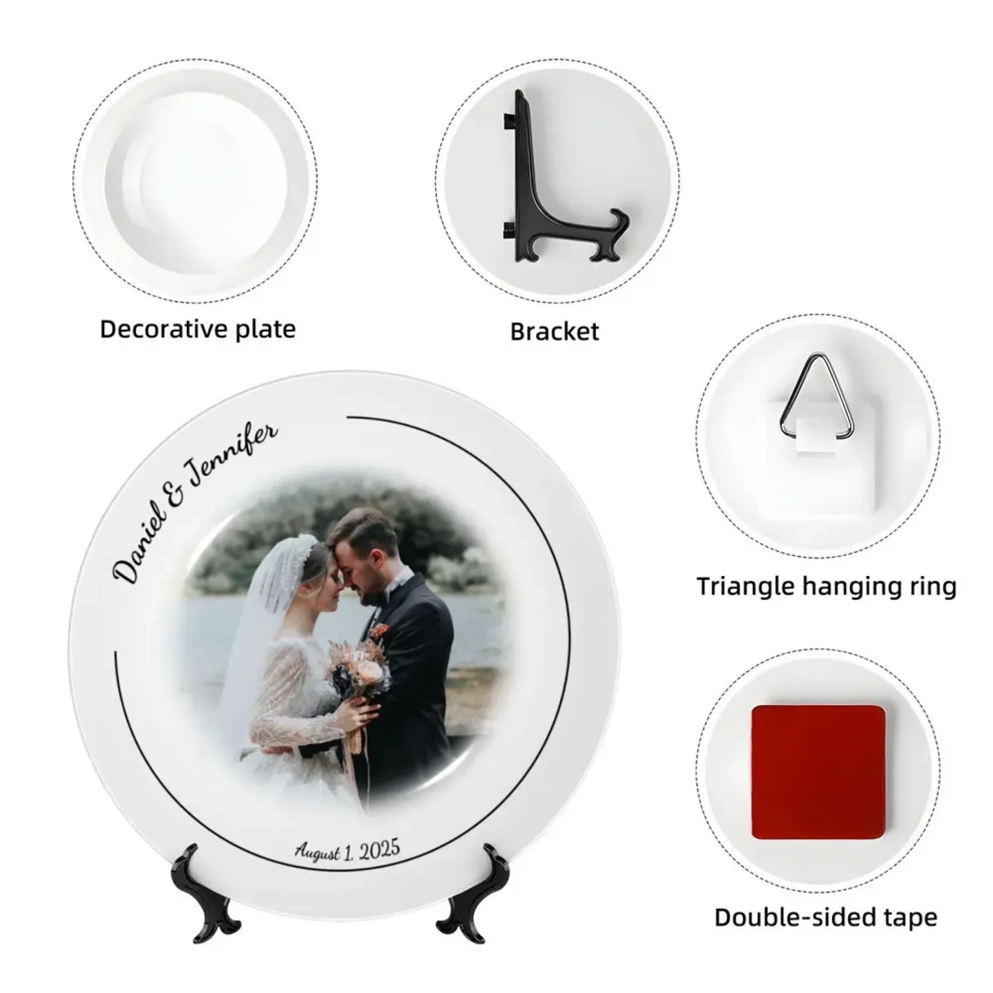 Accessories for bone china wedding decorative plate, including bracket, hanging ring, and double-sided tape. Customizable with photo, names, and date, perfect for personalized wedding or anniversary gifts.