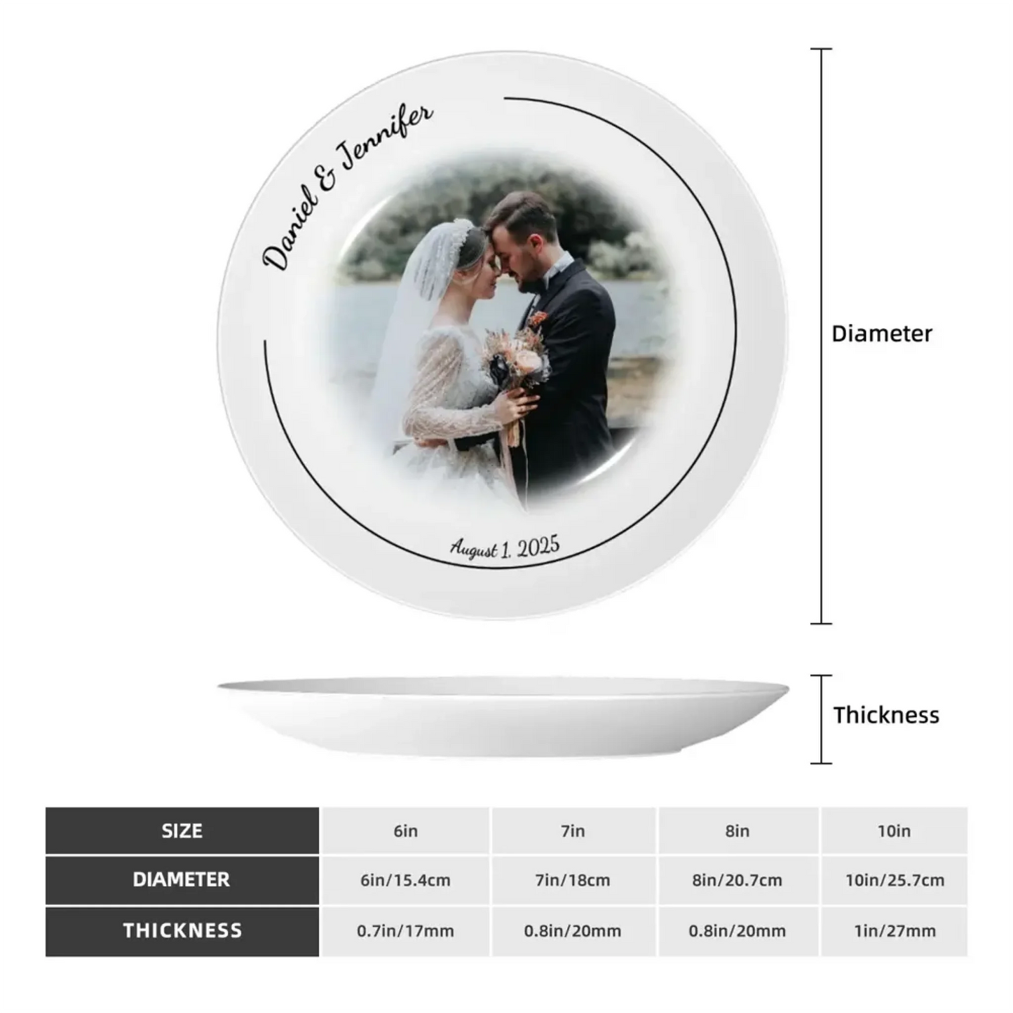 Size chart of bone china wedding decorative plate showing diameter and thickness, customizable with photo, names, and date. Detailed dimensions for personalized wedding or anniversary gifts.