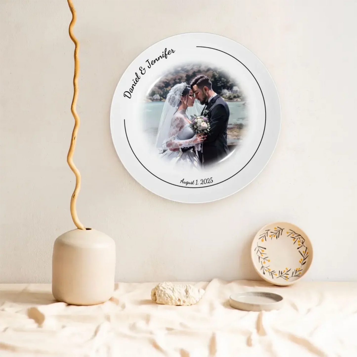 Cartoon style bone china wedding decorative plate displayed on wall, personalized with names, date, and photo. Perfect custom wall decoration for weddings or anniversaries.