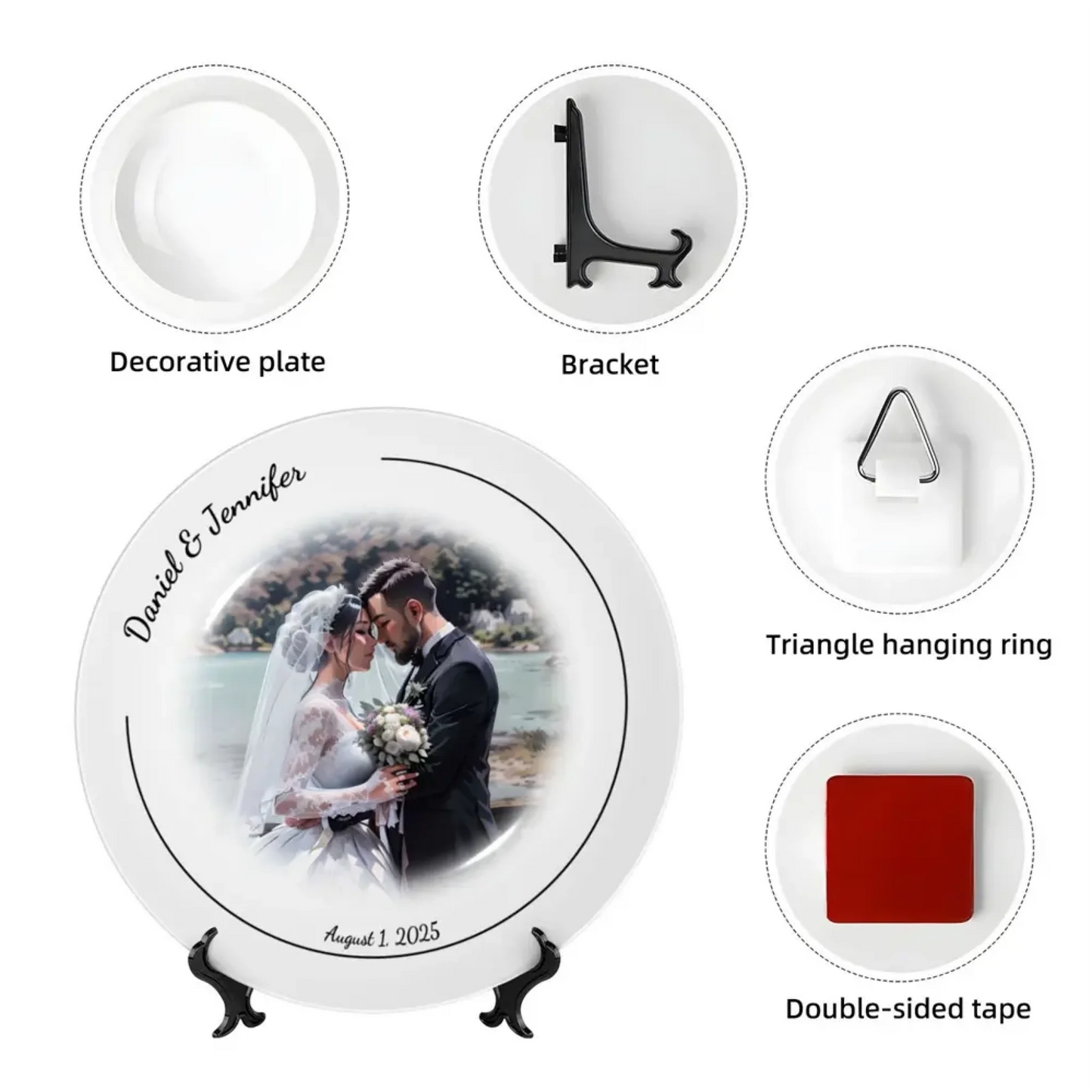 Accessories kit for comic style wedding plate including bracket, hanging ring, and double-sided tape. Customizable bone china decorative plate with photo, names, and date.