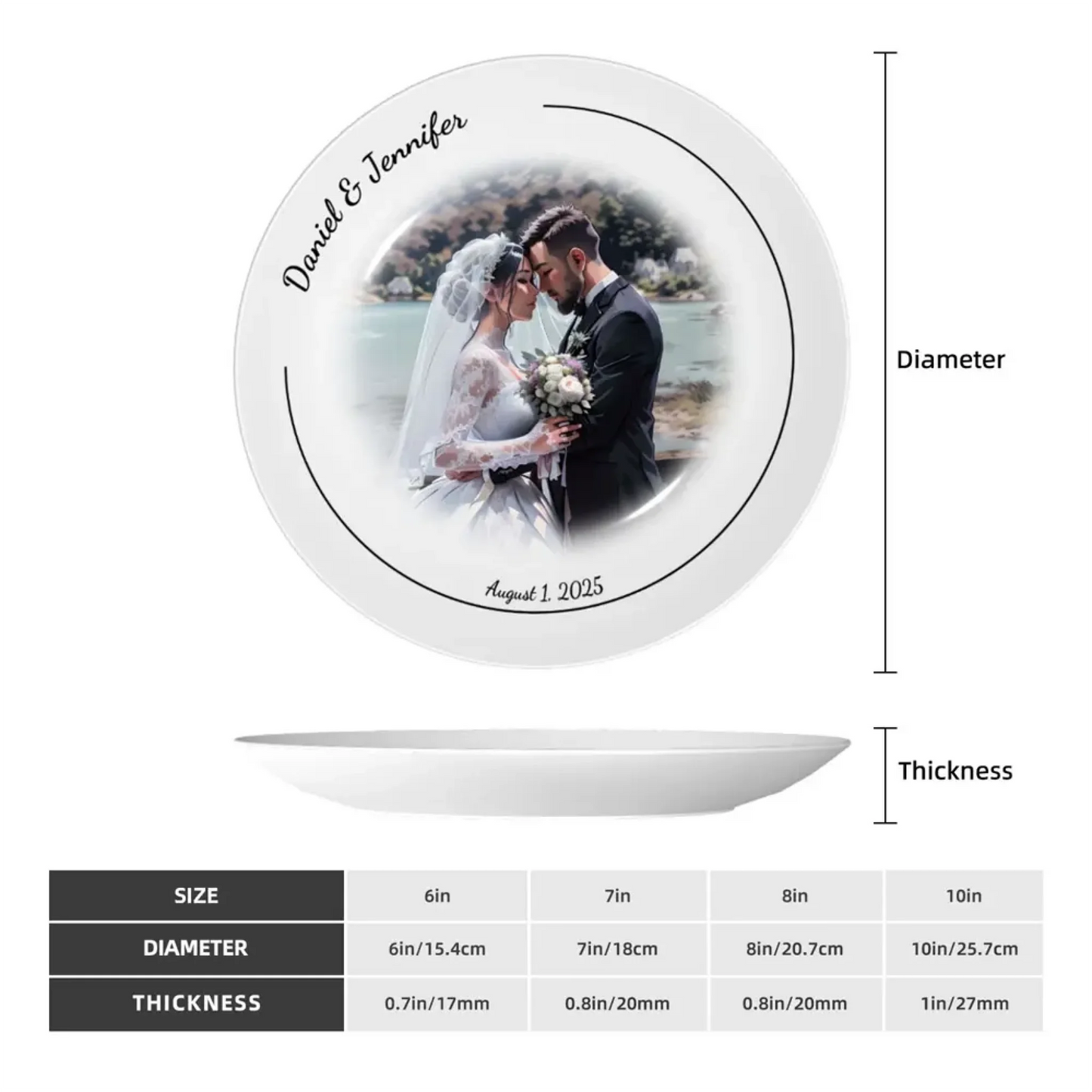 Dimensions chart of comic style bone china wedding plate showing diameter and thickness. Personalized wedding or anniversary plate with custom photo, names, and date.