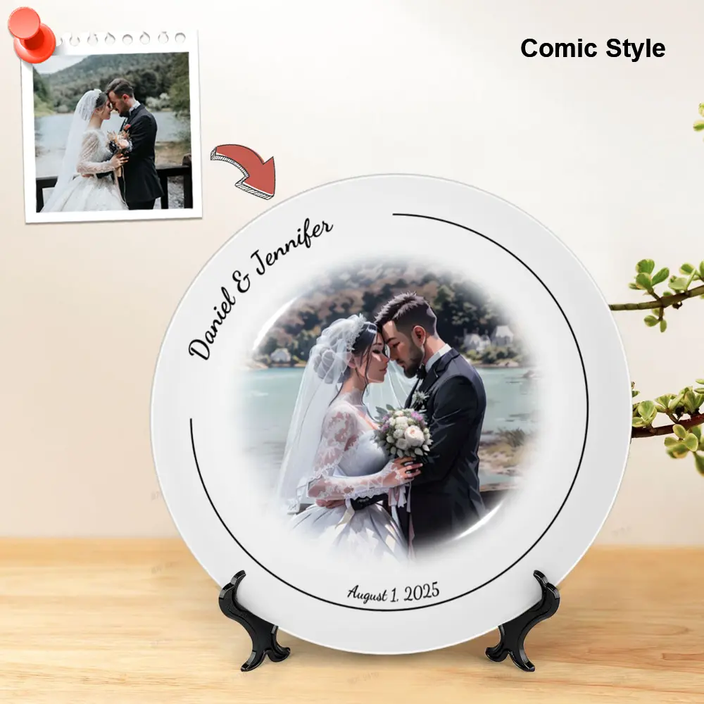 Personalized comic style wedding plate on table stand, made of bone china. Customizable with photo, names, and date. Ideal gift for couples or wedding celebrations.