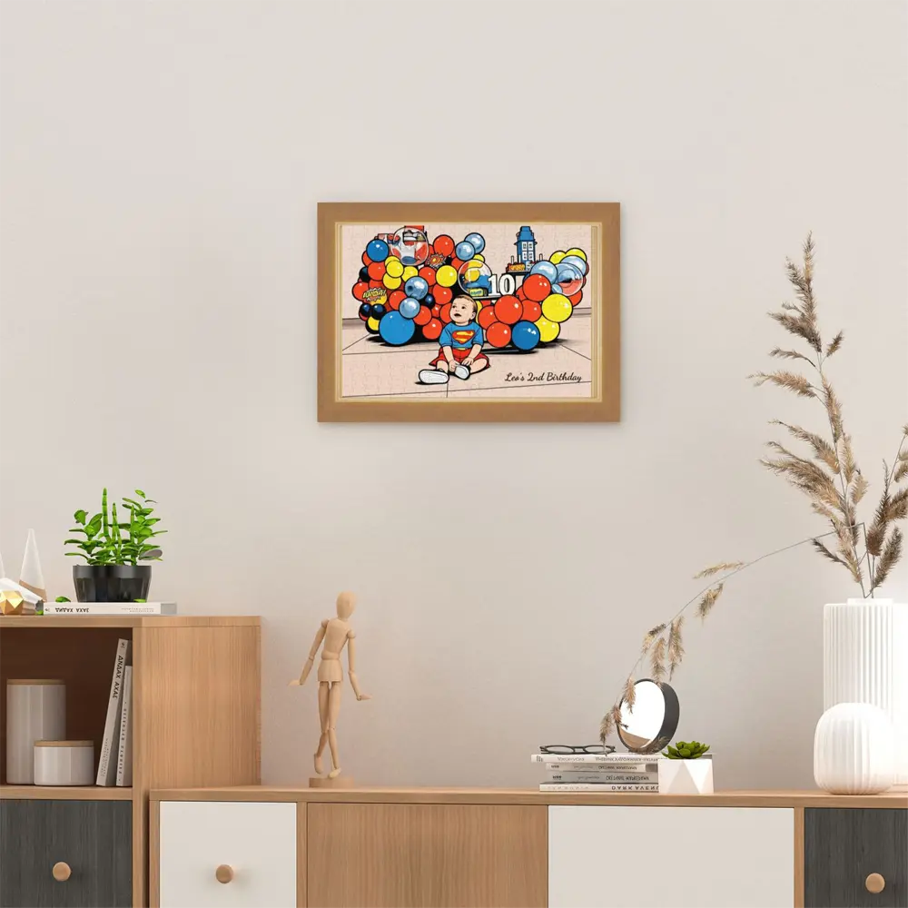 Framed custom jigsaw photo puzzle displayed on wall in wooden frame, personalized picture puzzle home decoration for living room or bedroom