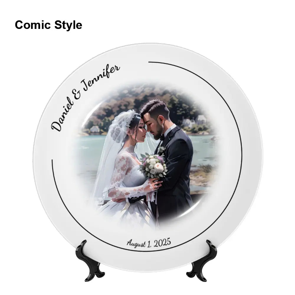 Personalized comic wedding keepsake plate in bone china, featuring custom couple photo, names, and special date, ideal anniversary or bridal shower gift.