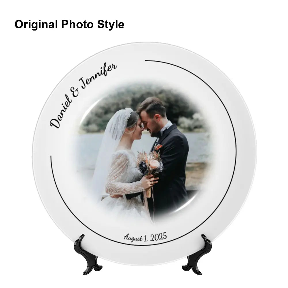 Custom bone china wedding decorative plate with personalized photo, names, and date. Elegant white ceramic plate for wedding keepsake, anniversary gift, or bridal shower decoration.
