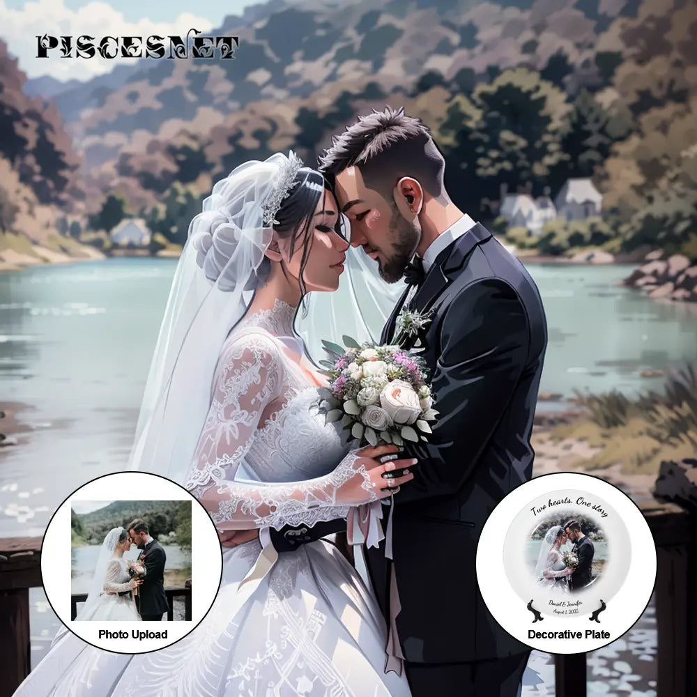 Personalized comic wedding keepsake plate with custom couple illustration, bone china, featuring names and special date, ideal bridal shower or anniversary gift.