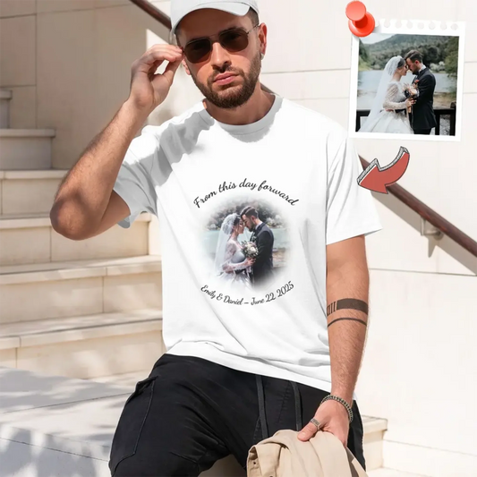 Custom wedding T-shirt with personalized comic-style photo and curved text design, perfect for the wedding season