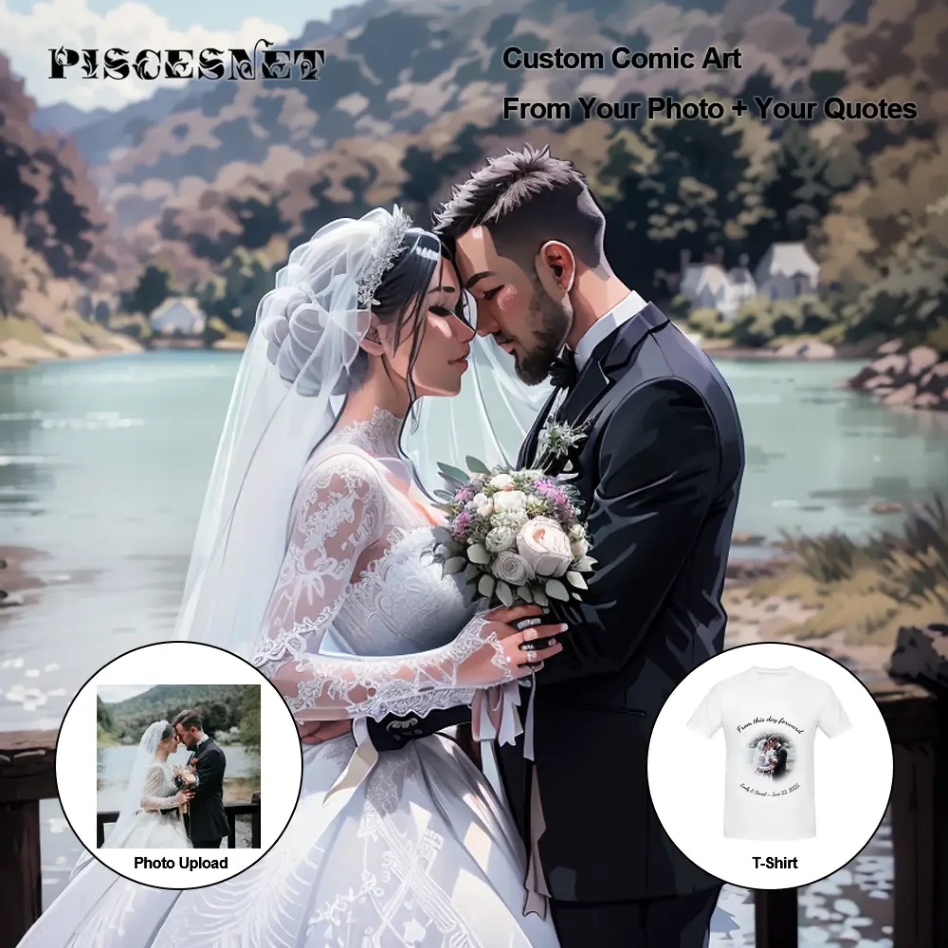 Comic-style custom T-shirt preview showing original photo and personalized artwork transformation for wedding season