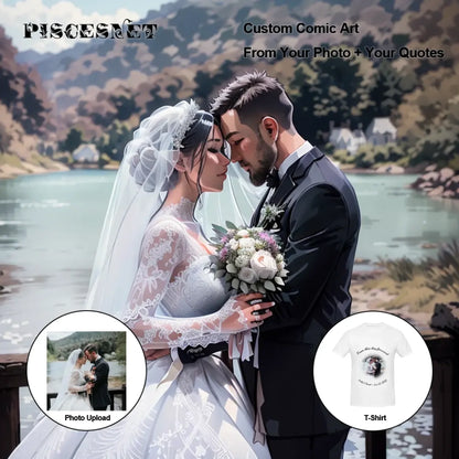 Comic-style custom T-shirt preview showing original photo and personalized artwork transformation for wedding season