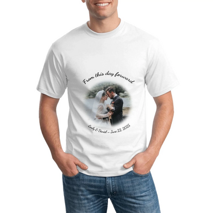 Personalized men's t-shirt featuring user photo and custom curved text