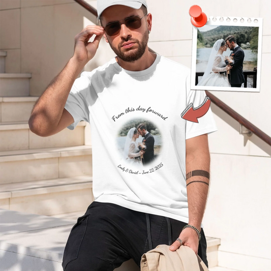Custom wedding photo t-shirt with round design and editable text