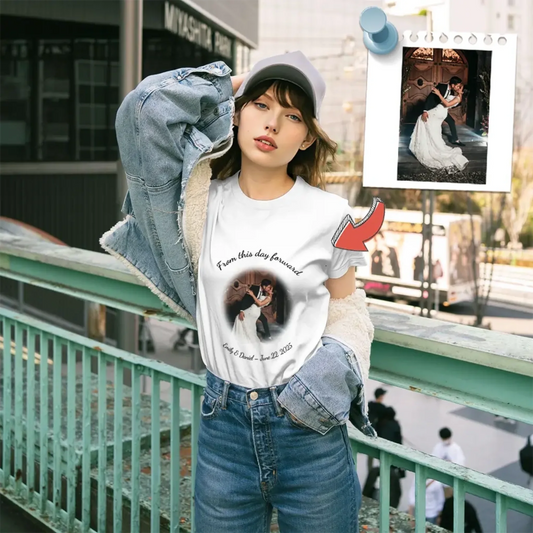Custom bridal T-shirt with photo and two-line text – heartfelt personalized gift for bride from friends or fiancé.