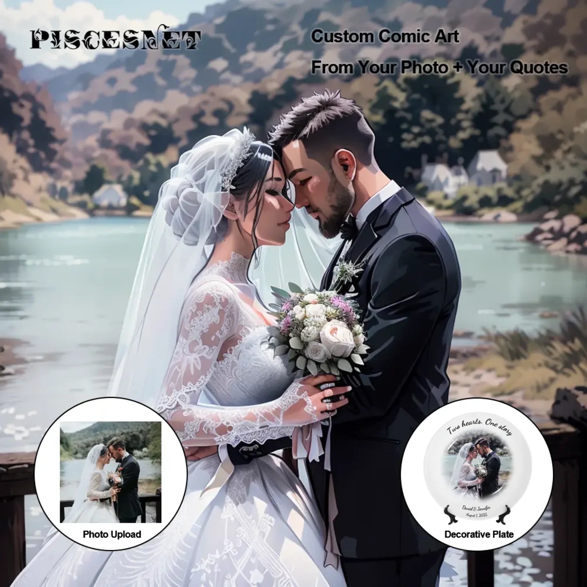 Custom wedding gift plate showing comic illustration style conversion from real photo