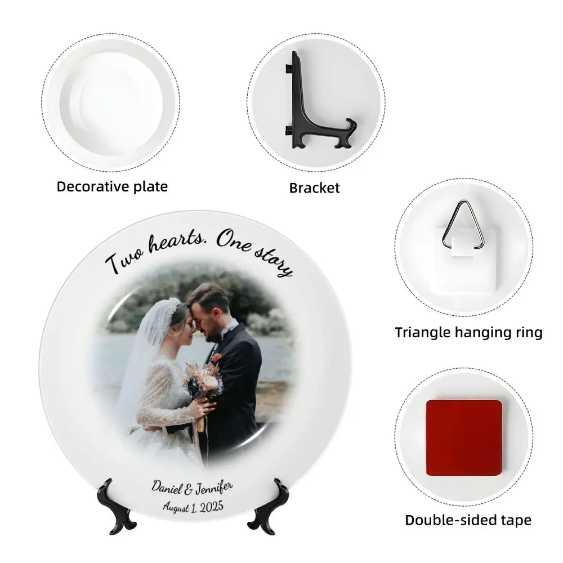 Accessories included with personalized decorative plate – bracket, hanging ring, and double-sided tape