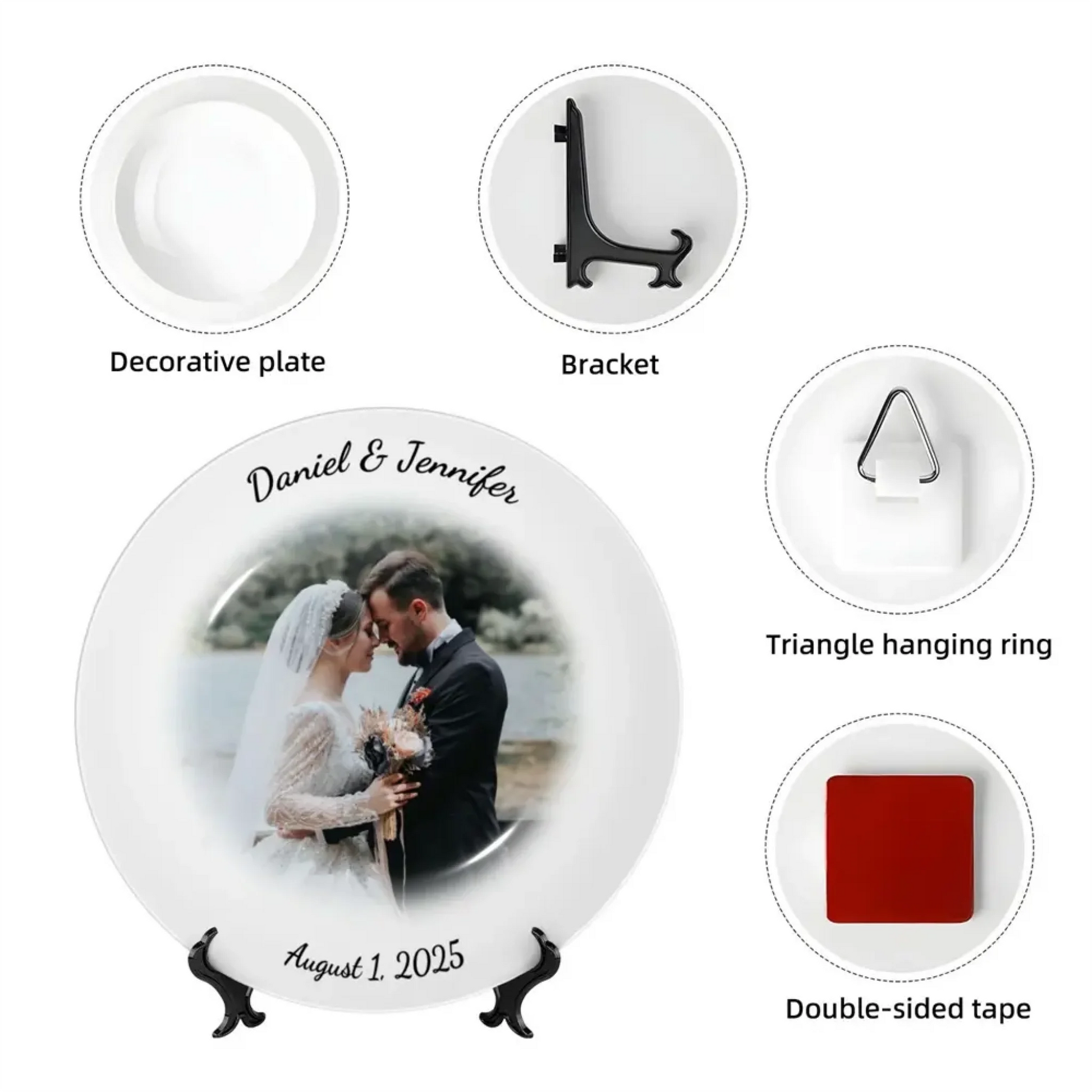 Mounting accessories for personalized wedding plates – bracket, triangle hanging ring, and double-sided tape included